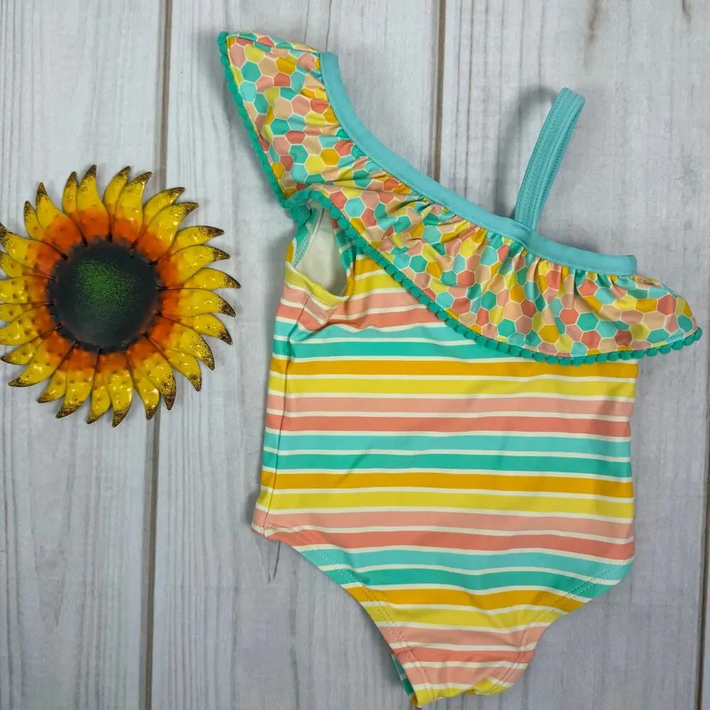 Matilda‎ Jane Kids Girls One Shoulder Swimsuit Rainbow Stripe Ruffle Size 2/2T